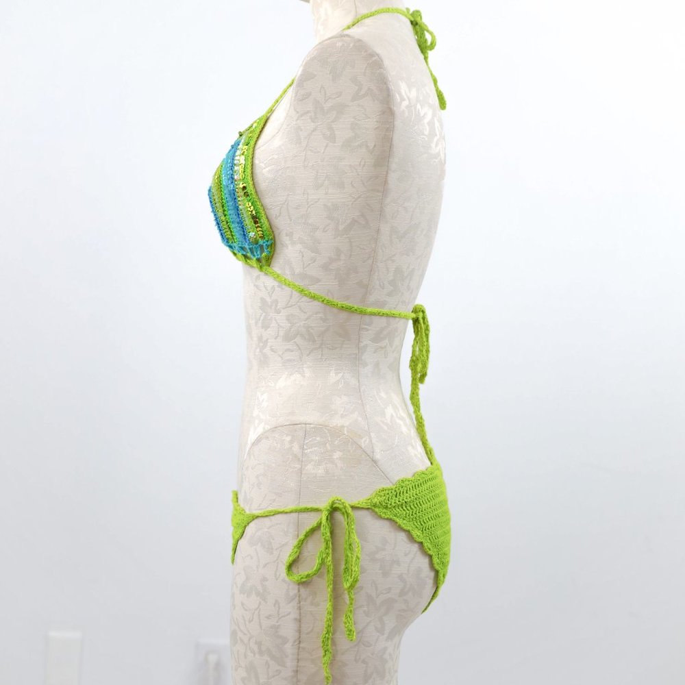 Luxury Handmade S Crochet Sequin Bikini Green - Picture 7 of 13